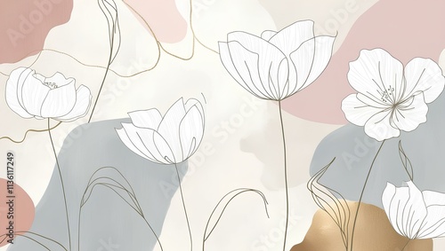 A minimalist line art wall mural featuring large, white flowers with long stems and delicate petals. The background is a soft, neutral color with abstract shapes