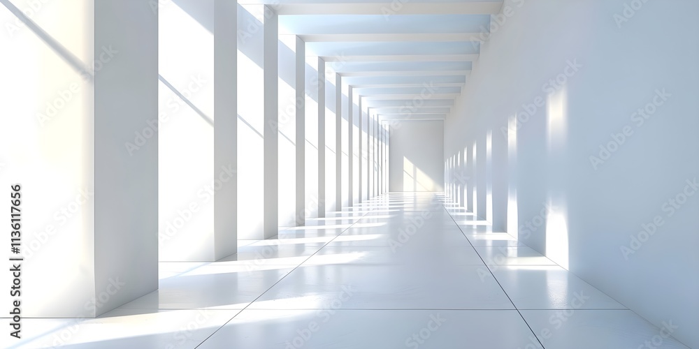 A long, empty hallway with white walls and white flooring A long, empty hallway with white walls and white flooring