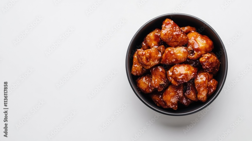 A minimalist shot of a bowl of Korean spicy chicken on a clean white background, emphasizing texture and color A minimalist shot of a bowl of Korean spicy chicken on a clean white background, emphasizing texture and color