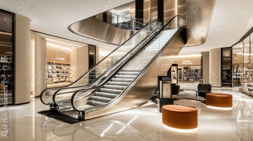 A modern escalator with sleek glass panels and illuminated edges in a luxury department store