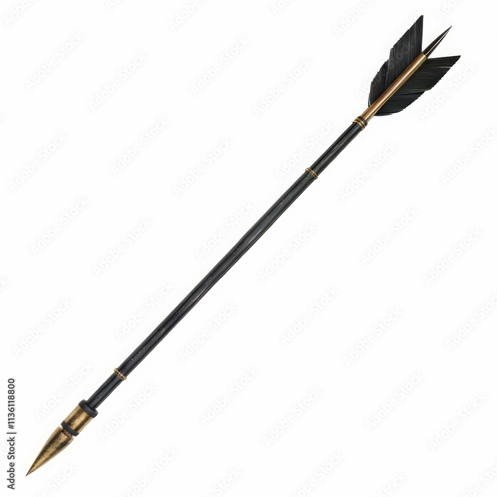Old wooden arrow with metal tip and black feathers soaring through a clean white backdrop Old wooden arrow with metal tip and black feathers soaring through a clean white backdrop