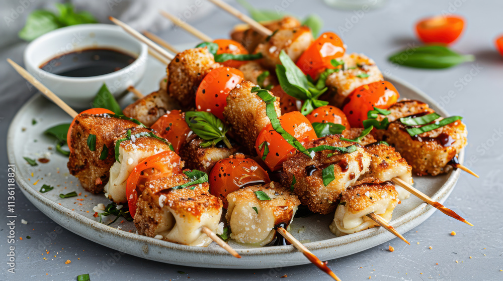 A plate of crispy fried tortellini skewers paired with juicy cherry tomatoes, fresh basil, and drizzled with balsamic glaze, served as a savory appetizer.
A plate of crispy fried tortellini skewers paired with juicy cherry tomatoes, fresh basil, and drizzled with balsamic glaze, served as a savory appetizer.