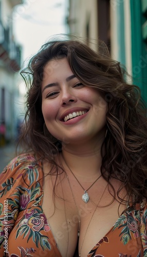 Vibrant selfie of a confident colombian woman celebrating plus size beauty on the streets photo