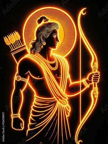 Silhouette of Lord Shree Ram Holding His Bow.. Artwork is Composed of Radiant Glowing Orange Lines.






