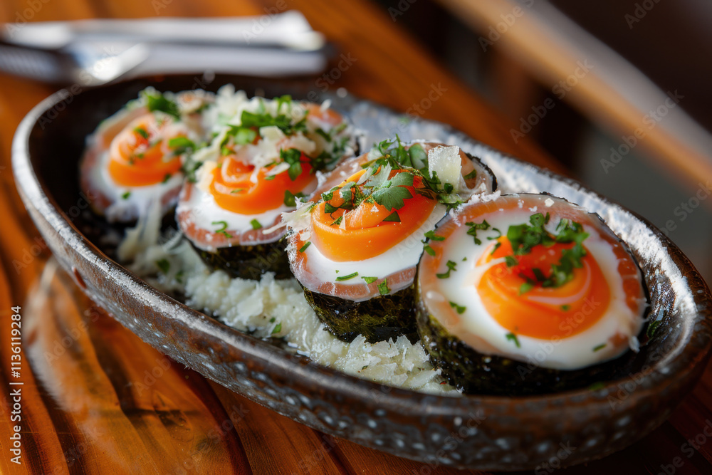 A stunning presentation of gourmet eggs wrapped in smoked salmon, topped with fresh herbs, served on a rustic platter with a bed of finely grated cheese.
A stunning presentation of gourmet eggs wrapped in smoked salmon, topped with fresh herbs, served on a rustic platter with a bed of finely grated cheese.