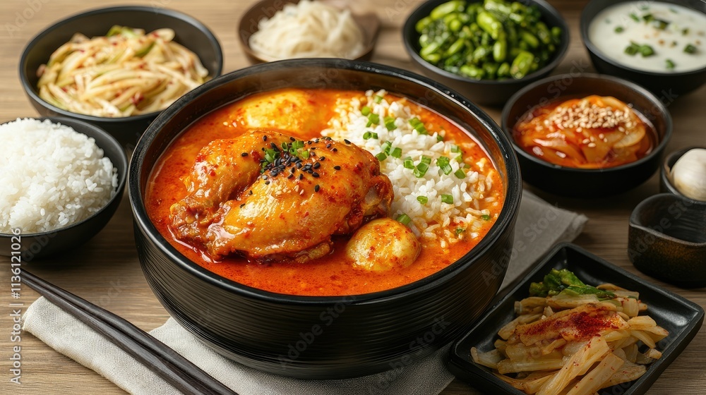 A traditional Korean dinner setup featuring a bowl of spicy chicken, soup, rice, and side dishes on a wooden table A traditional Korean dinner setup featuring a bowl of spicy chicken, soup, rice, and side dishes on a wooden table
