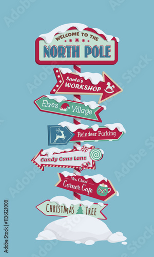 North Pole navigation. Road sign Christmas poster. Vector illustration. 