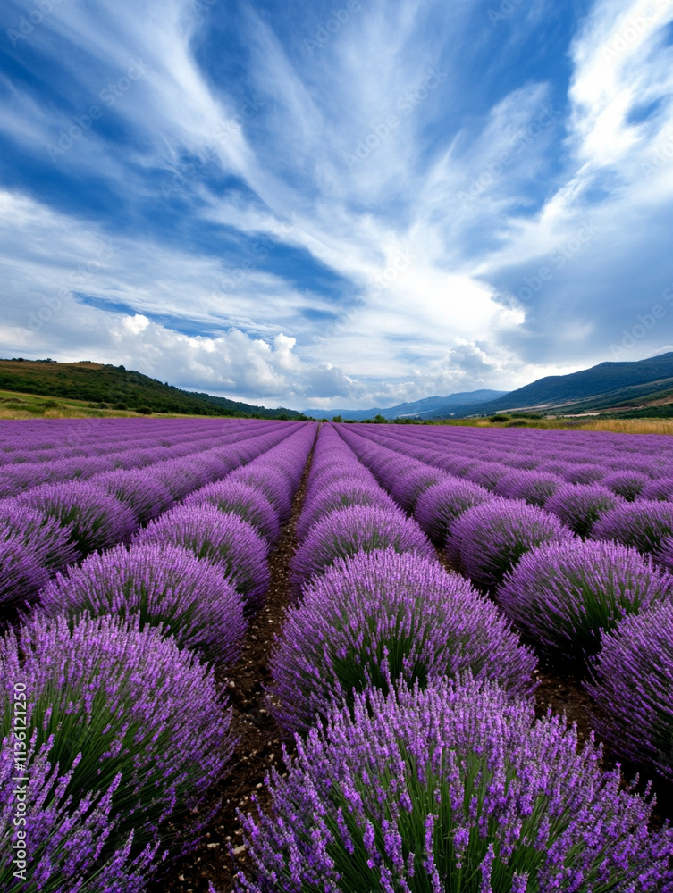 Fototapeta premium Lavender fields bloom under a bright blue sky