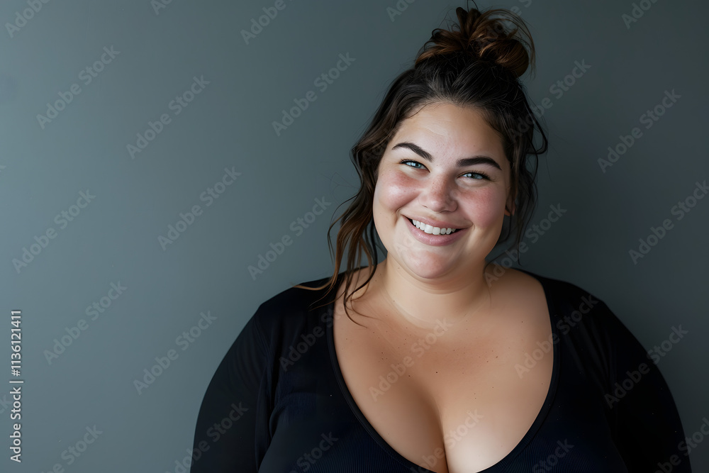 Obraz premium Confident and joyful plus-size woman posing against a minimalist grey background, expressing self-assurance and positivity. The casual hairstyle and natural smile enhance the relaxed atmosphere. 