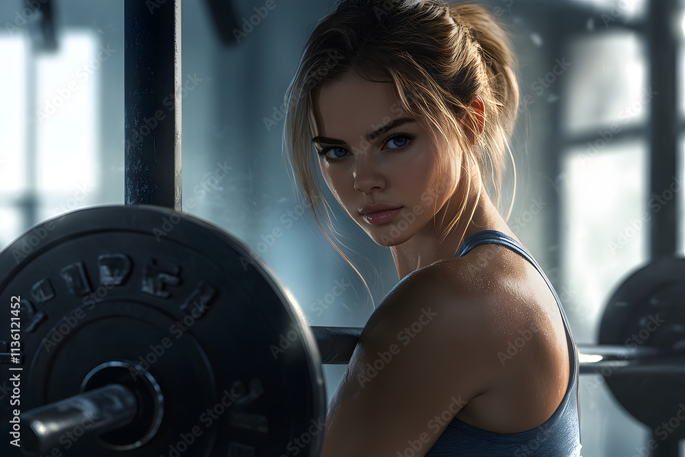 Athletic woman leaning on a barbell in a gym, gazing intently at the camera. The moody lighting highlights her toned physique and determination, creating a cinematic and inspiring fitness portrait.
Athletic woman leaning on a barbell in a gym, gazing intently at the camera. The moody lighting highlights her toned physique and determination, creating a cinematic and inspiring fitness portrait.
