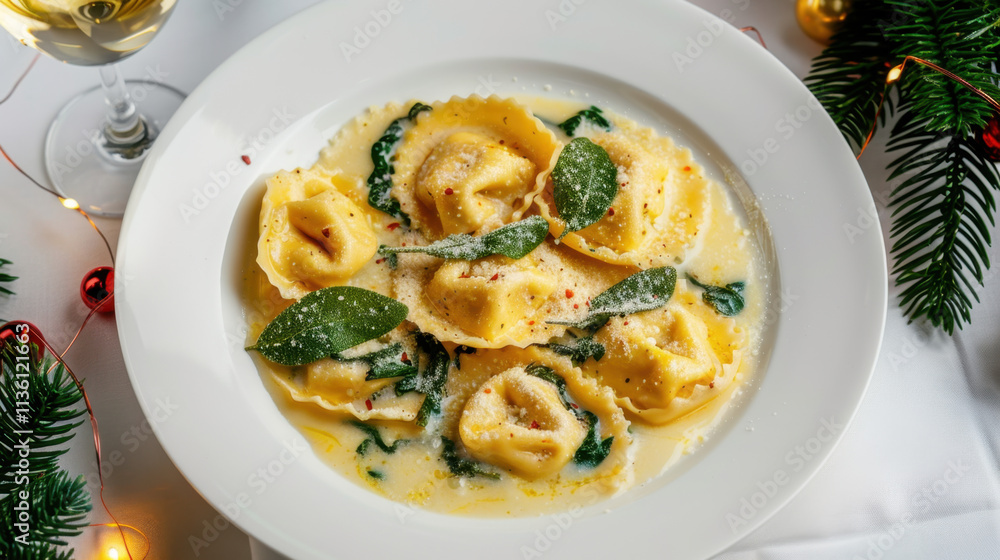 A festive dish of golden tortellini pasta served in a creamy sage butter sauce, garnished with parmesan and fresh sage, surrounded by Christmas decor.
A festive dish of golden tortellini pasta served in a creamy sage butter sauce, garnished with parmesan and fresh sage, surrounded by Christmas decor.