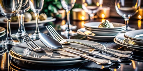 Elegant Silverware Table Setting, Luxury Cutlery Arrangement, Polished Silverware Setup, Modern Dinnerware Design, Upscale Place Setting Photography