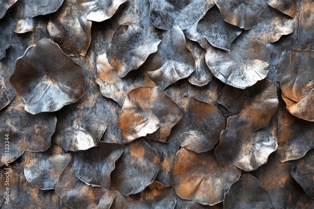 Texture of oxidized metal resembling overlapping leaves in varying shades of gray and brown Texture of oxidized metal resembling overlapping leaves in varying shades of gray and brown