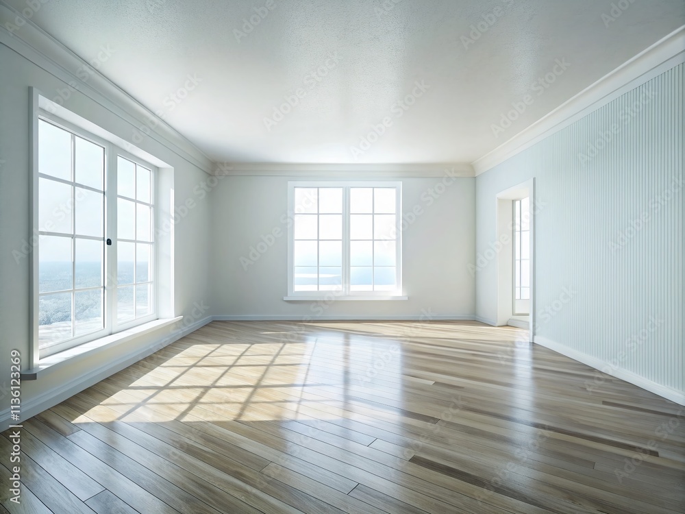 Fototapeta premium Empty Room 3D Render, White Wooden Floor, Panoramic View, Minimalist Interior Design, Blank Wall, Spacious Room, Virtual Staging