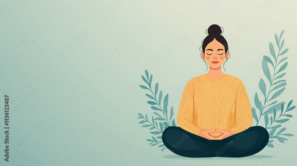 Burnout recovery stress recharge and relaxation. A serene illustration of a woman meditating in a cozy sweater, surrounded by leafy elements, symbolizing mindfulness and tranquility. Burnout recovery stress recharge and relaxation. A serene illustration of a woman meditating in a cozy sweater, surrounded by leafy elements, symbolizing mindfulness and tranquility.