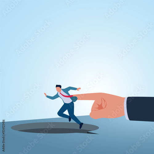 A man is pushed by a big finger into a hole. Illustration for bullying, violence and seniority.