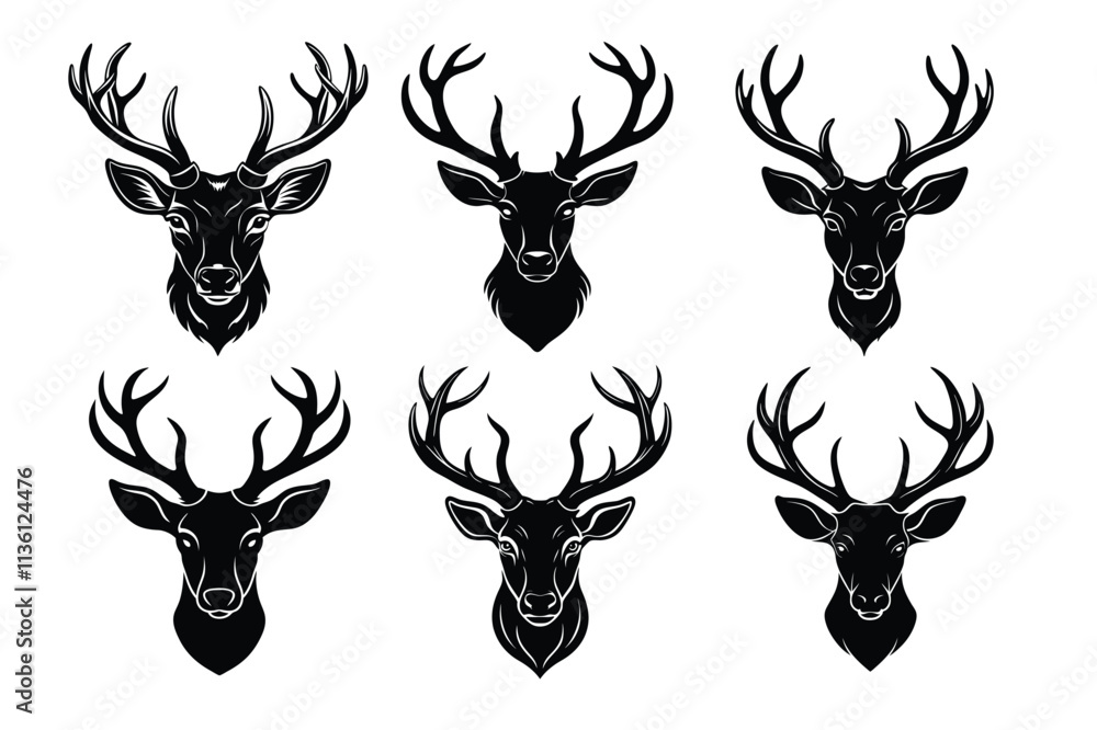 Set Of deer head silhouette isolated on white background Set Of deer head silhouette isolated on white background