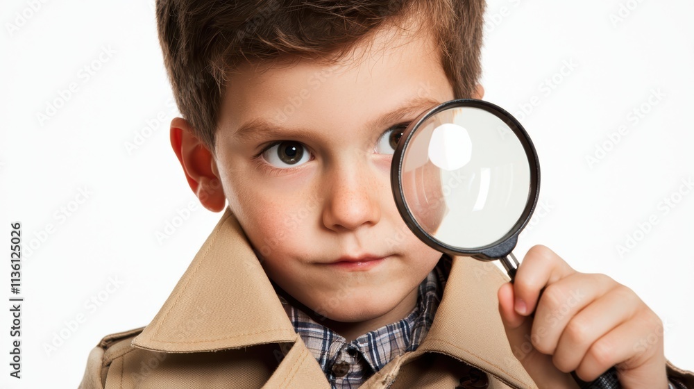 Young detective examines clue with magnifying glass studio setting portrait style inquiry Young detective examines clue with magnifying glass studio setting portrait style inquiry