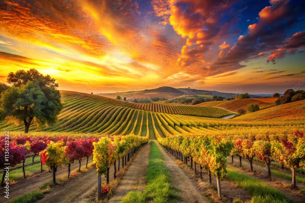 Fototapeta premium Enchanting Vineyard at Sunset: A Serene Escape into Nature's Beauty with Lush Grapevines and a Golden Horizon Perfect for Wine Lovers and Nature Enthusiasts
