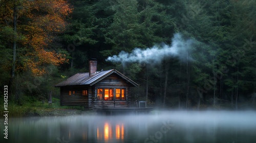 Cozy cabin on lake at dusk, smoke from chimney, autumn trees.