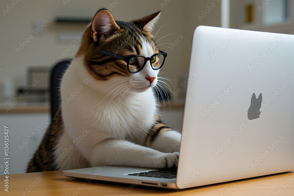 Fototapeta premium A Serious Cat with Glasses Working on a laptop