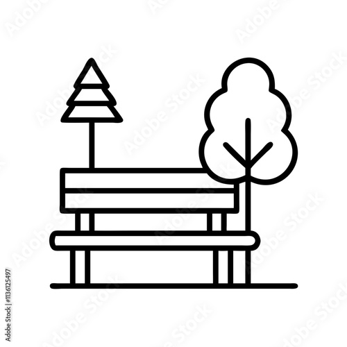 wooden bench in park icon, fall line art, fall icon - simple black line art icon of wooden bench in park, symbolizing fall celebrations. fall vector art.