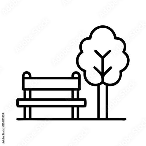 wooden bench in park icon, fall line art, fall icon - simple black line art icon of wooden bench in park, symbolizing fall celebrations. fall vector art.