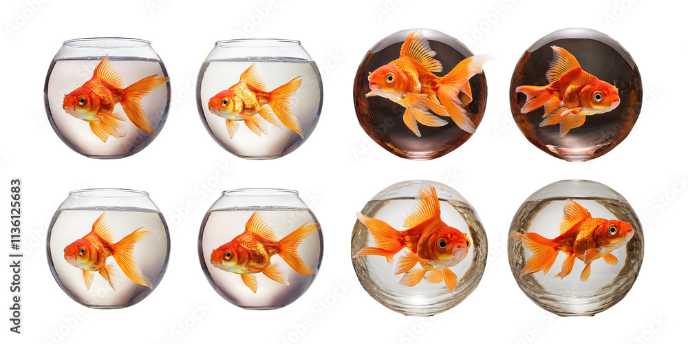 Colorful Goldfish in Vivid Aquariums, PNG collection, set bundle, isolate on transparent or white background