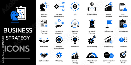 Business Strategy icon collection. Containing business, planning, strategy, strategic plan, budget, analysis, statistics concept. Solid vector icons collection.