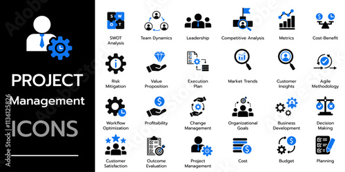 Project management icon collection. team , cost and planning concept. Solid vector icons collection.