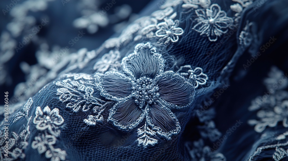 Obraz premium Close-up of Exquisite Blue Lace Fabric with Intricate Floral Embroidery