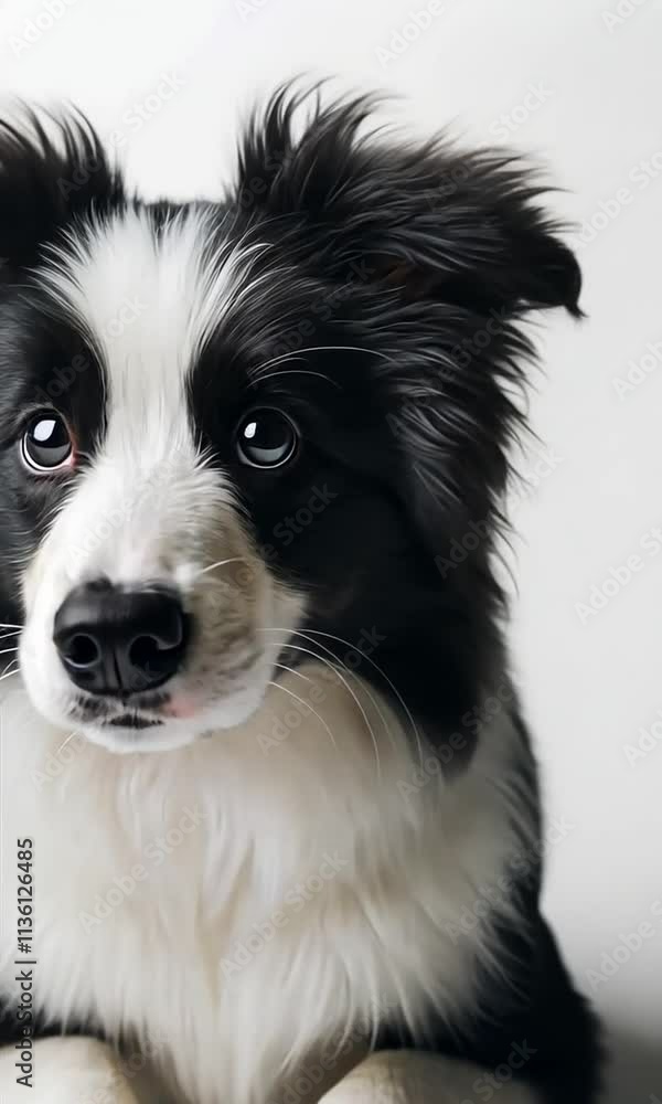 Playful black and white puppy capturing hearts with bright eyes in a cozy indoor setting Playful black and white puppy capturing hearts with bright eyes in a cozy indoor setting