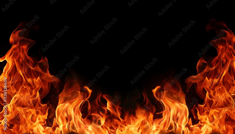 Vibrant flames dancing in a dark background with ample space for text or design elements. Generative AI Vibrant flames dancing in a dark background with ample space for text or design elements. Generative AI