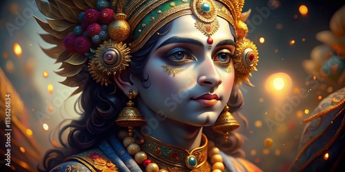 Ethereal Low Light Illustration of Lord Krishna in a Serene Setting, Capturing Divine Essence and Spirituality with Rich Colors and Soft Shadows for a Meditative Atmosphere