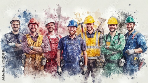 Skilled Construction Workers Watercolor Art Painted