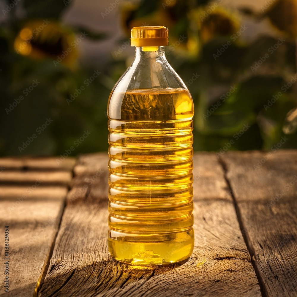 Close-up of a clear plastic bottle filled with golden vegetable oil, resting on an old wooden table with rustic textures. Close-up of a clear plastic bottle filled with golden vegetable oil, resting on an old wooden table with rustic textures.