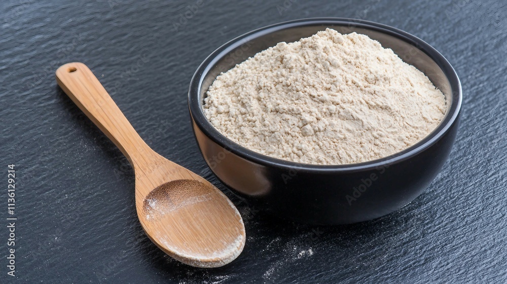 Freshly Ground Organic Flour in Black Bowl with Wooden Spoon Freshly Ground Organic Flour in Black Bowl with Wooden Spoon