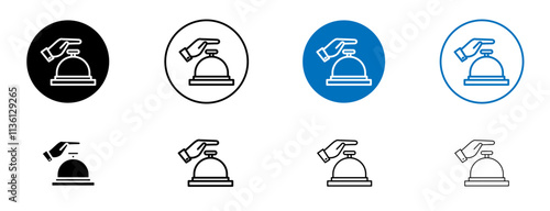 Hand touching service bell icon set in black and blue colors