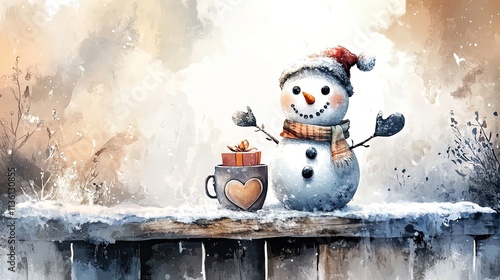 charming snowman with gift box in heart-shaped mug: perfect winter decor for a cozy home or a whimsical sports interior poster!