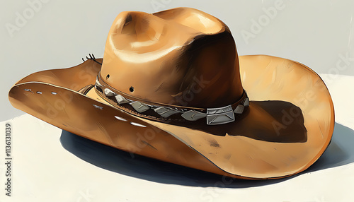 wide brimmed cowboy hat with decorative band, showcasing rustic style and warm tones, perfect for outdoor adventures and western themes photo