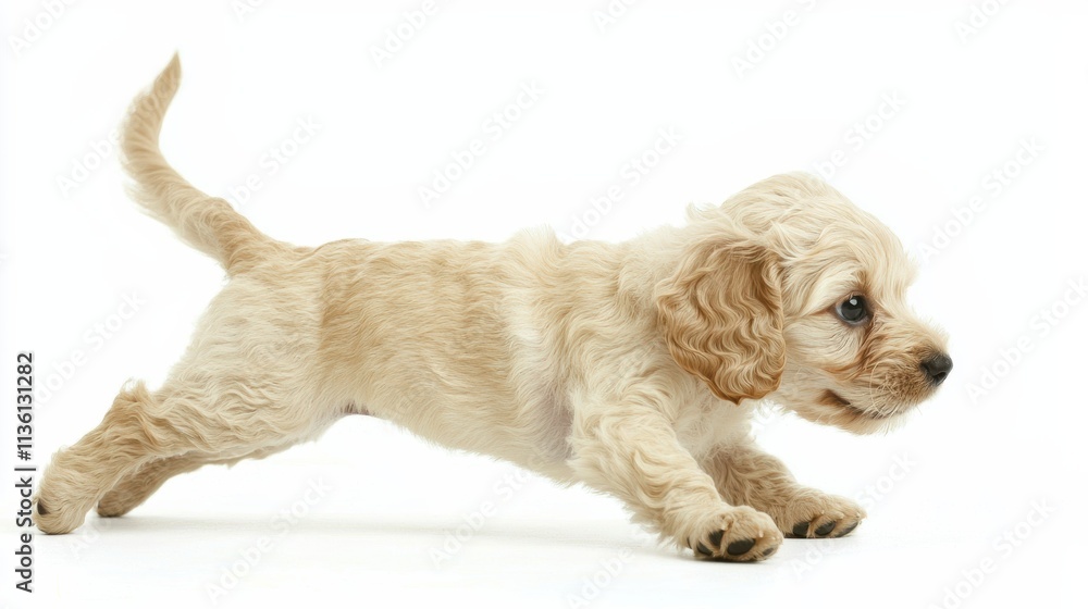 Playful puppy running on white background animal photography fun and joyful environment Playful puppy running on white background animal photography fun and joyful environment