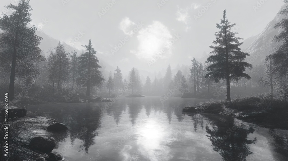 Fototapeta premium Serene Monochrome Lake in Misty Mountain Forest