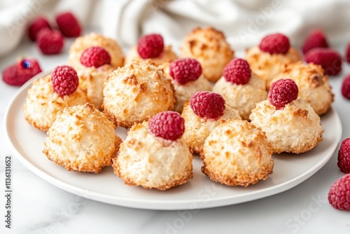 A plate of coconut macaroons topped with raspberries, arranged for a dessert presentation. photo