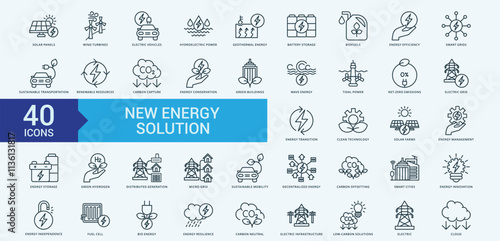 New energy solution icon collection set with solar panels, wind turbines, electric vehicles, hydroelectric power, geothermal energy