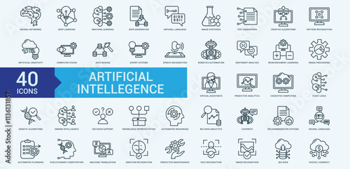 Artificial intellegence icon collection set with neural networks, deep learning, machine learning, data generation, natural language