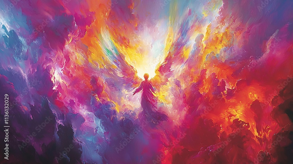 Vibrant angel figure in colorful, fiery cloudscape. Vibrant angel figure in colorful, fiery cloudscape.