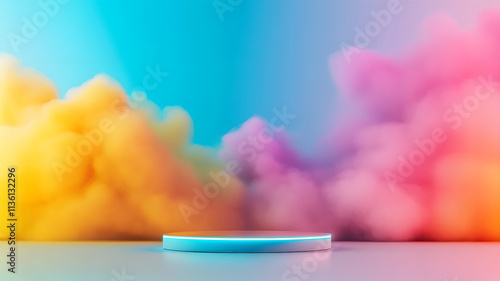 Dynamic podium scene amidst colorful smoke studio setup visual art creative environment artistic perspective