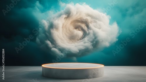 Dynamic podium surrounded by ethereal clouds imaginative art digital realm abstract perspective creativity unleashed