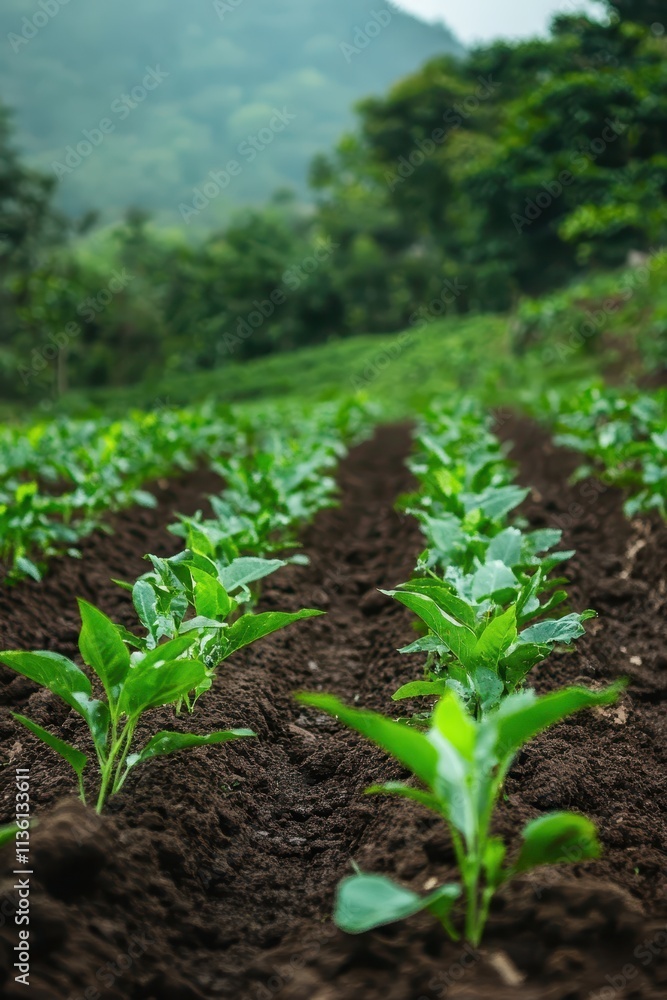 Rows of young plants growing in a fertile field with lush greenery. Rows of young plants growing in a fertile field with lush greenery.