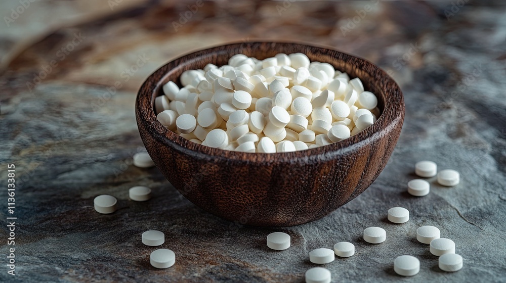 A bowl of white tablets stands on a stone countertop. The pills are little, white, and dispersed across the bowl. The bowl is wooden and has a rustic appearance. The setting is... A bowl of white tablets stands on a stone countertop. The pills are little, white, and dispersed across the bowl. The bowl is wooden and has a rustic appearance. The setting is...